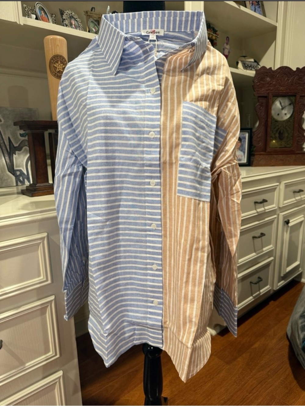 NWT GerGee Striped Two-Tone Color Block Button Down Shirt - Blue Tan off white